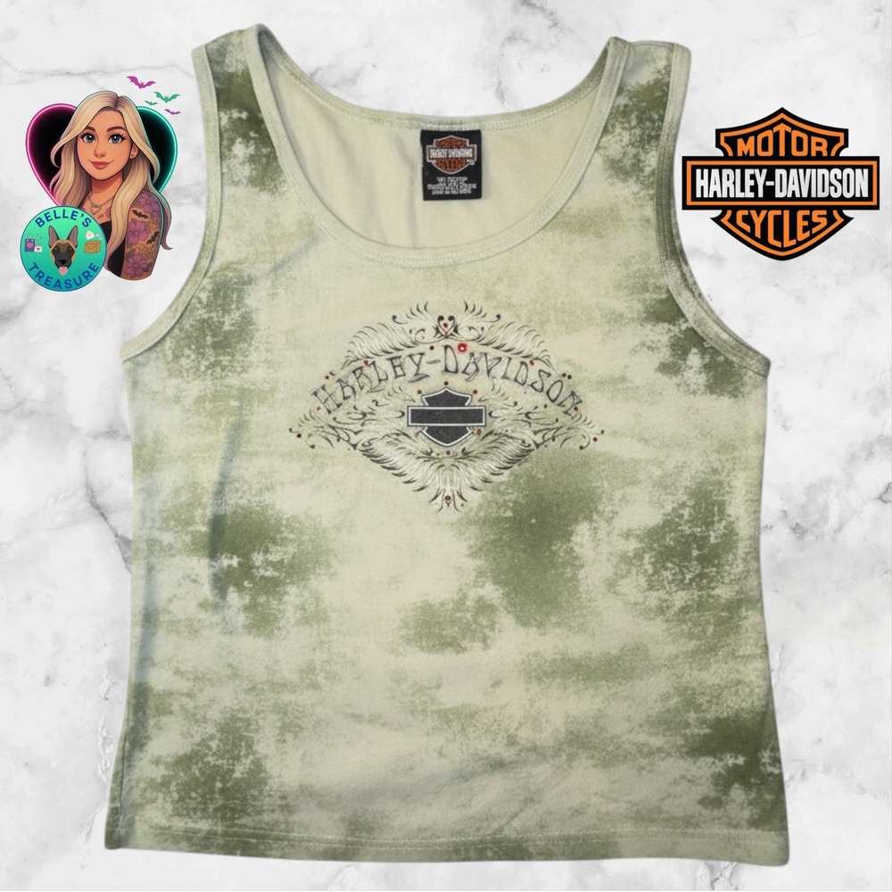 Harley-Davidson Women's Large Green Tie Dye Tank Top Rhinestone Fairy Grunge Y2K